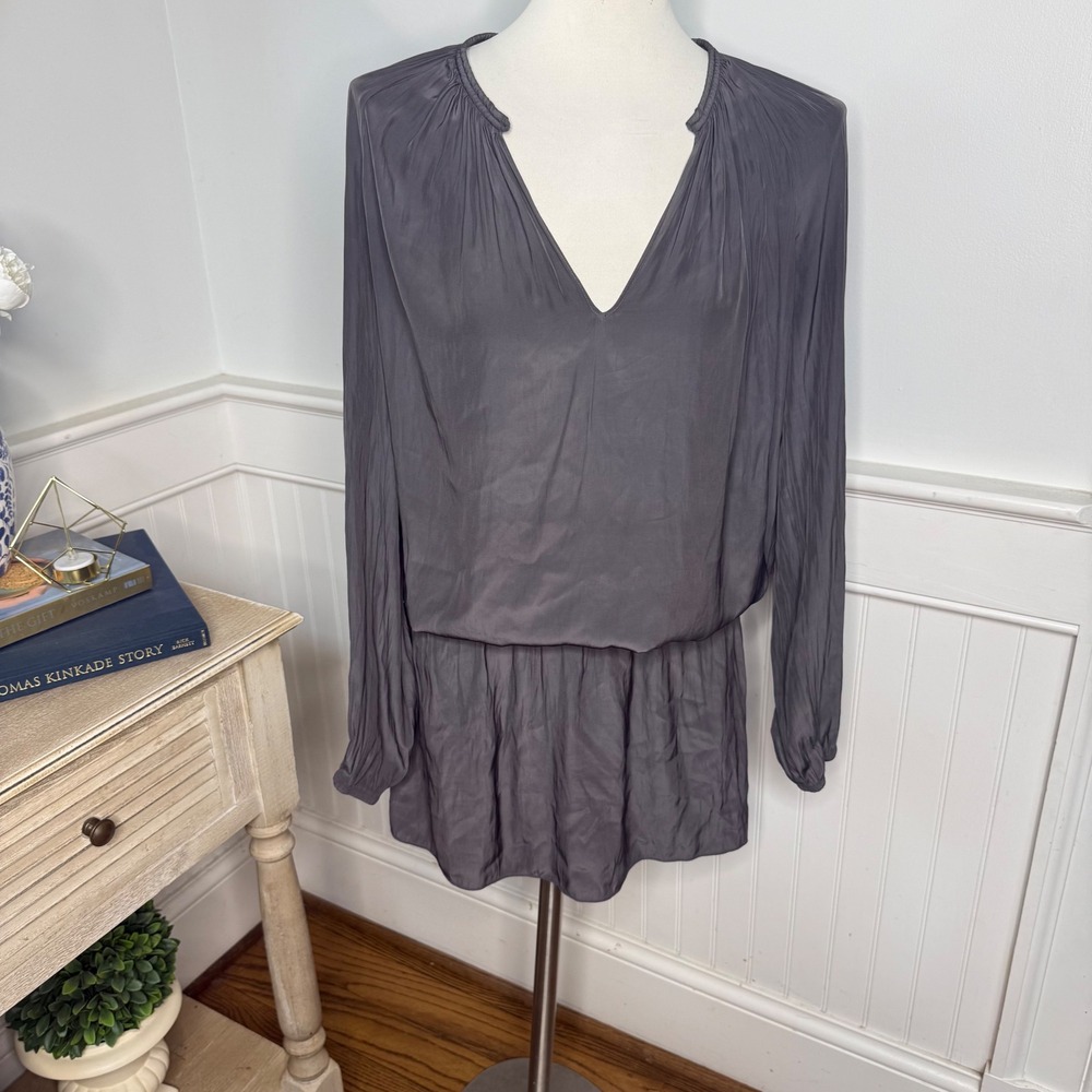 Ramy Brook Charcoal Grey Smocked Blouson V-Neck Mini Dress Womens Medium M